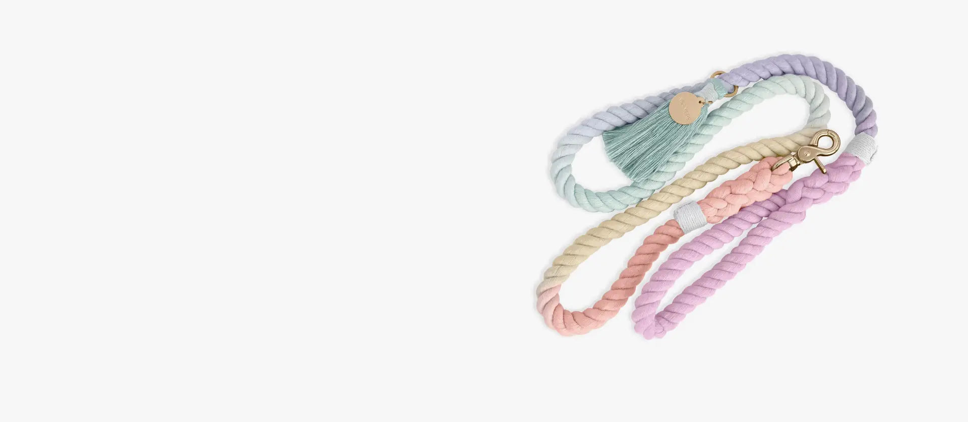 Pastel-colored dog leash with tassels on a white background