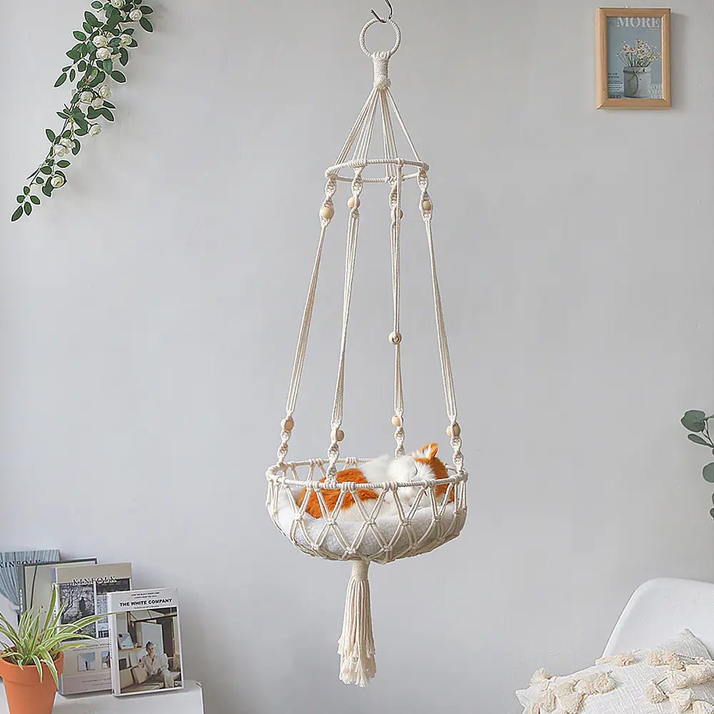 Chic Large Macrame Cat Hammock Swing | Stylish Hanging Cat Bed - petcareville