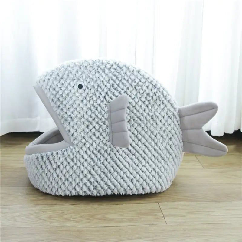 Fish-Shaped Pet Bed for Cats & Small Dogs — Semi-Enclosed Cozy Nest with Soft Korean Velvet, Washable